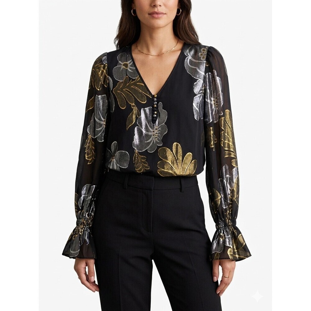 Trina Turk Kaito Top Silk Metallic Floral Black Gold Silver Small Bell Sleeve